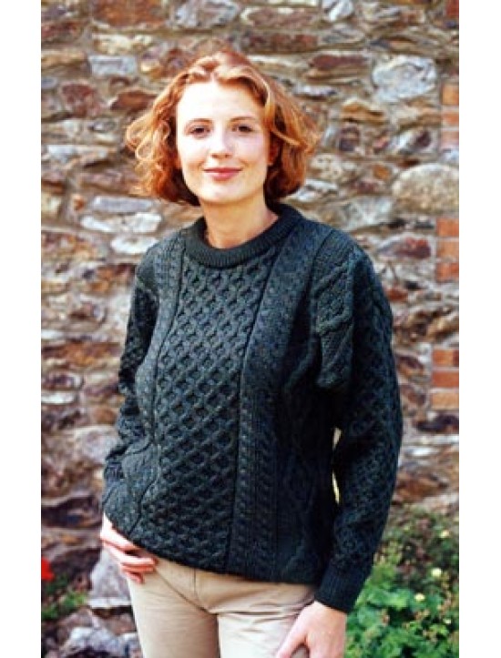 Aran Crew Neck Sweater in Forest Green