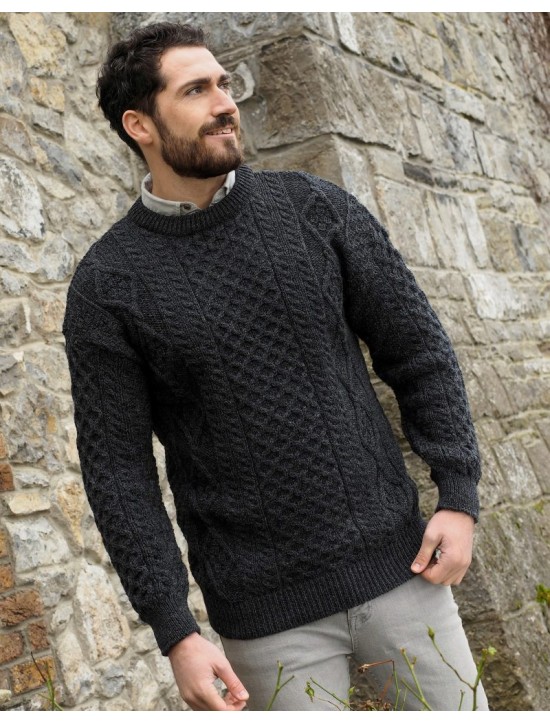 Aran Crew Neck Sweater in Charcoal