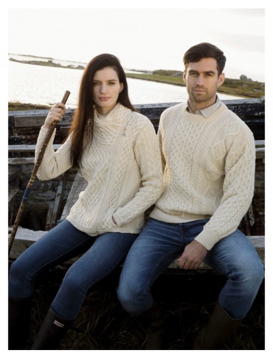 Aran Crew Neck Sweater in Natural