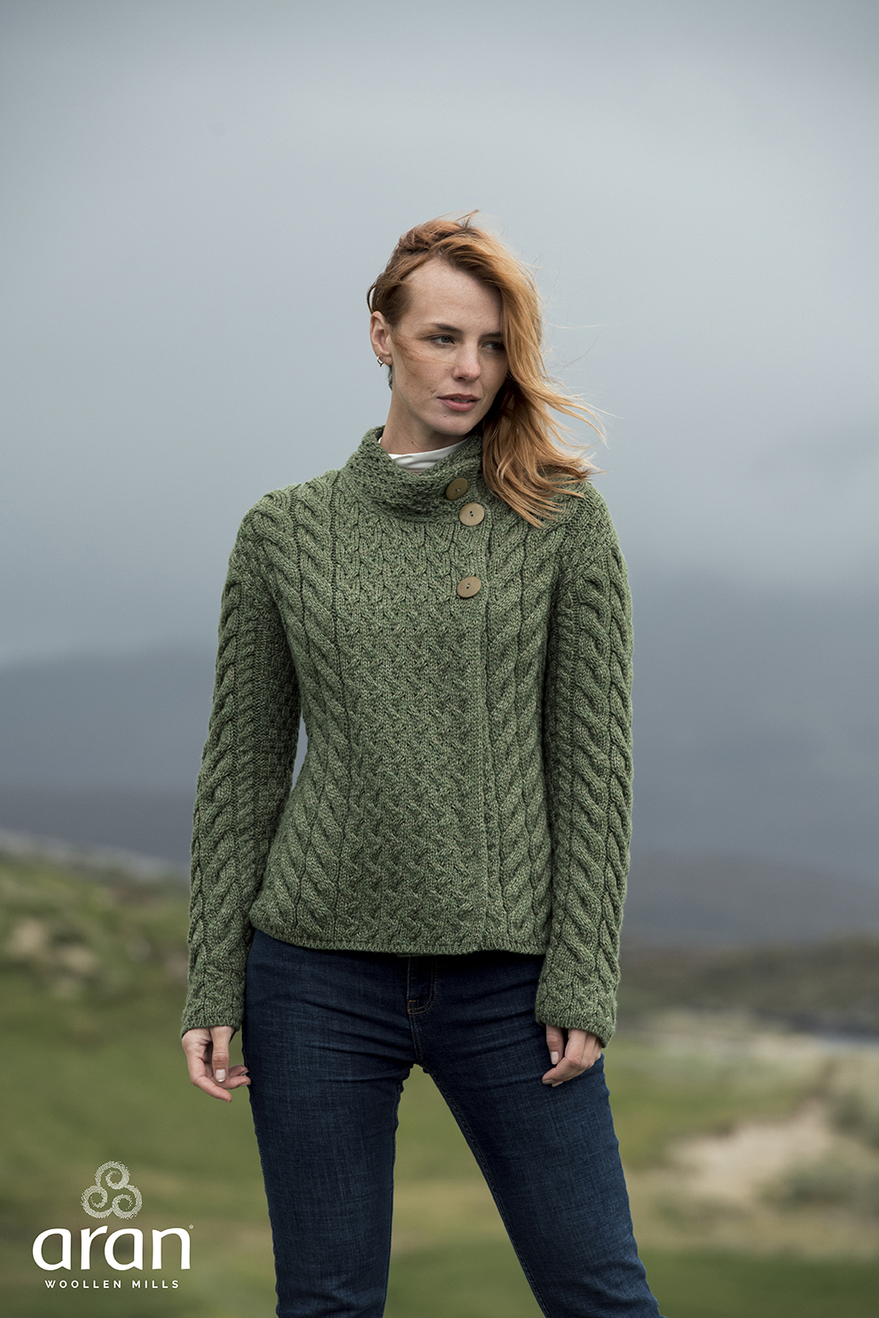 Merino Roll Neck Cardigan in Green