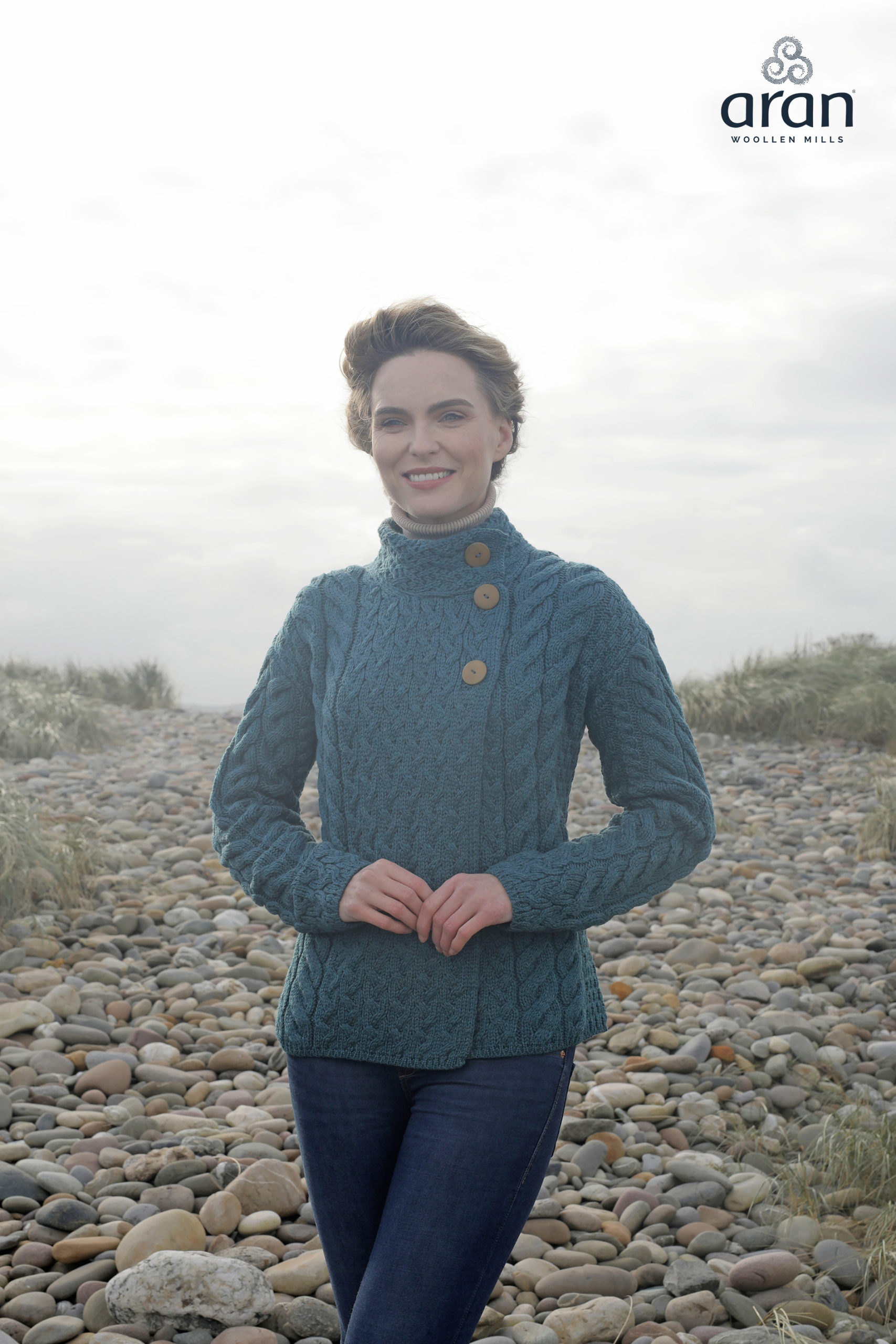 Merino Roll Neck Cardigan in Jade