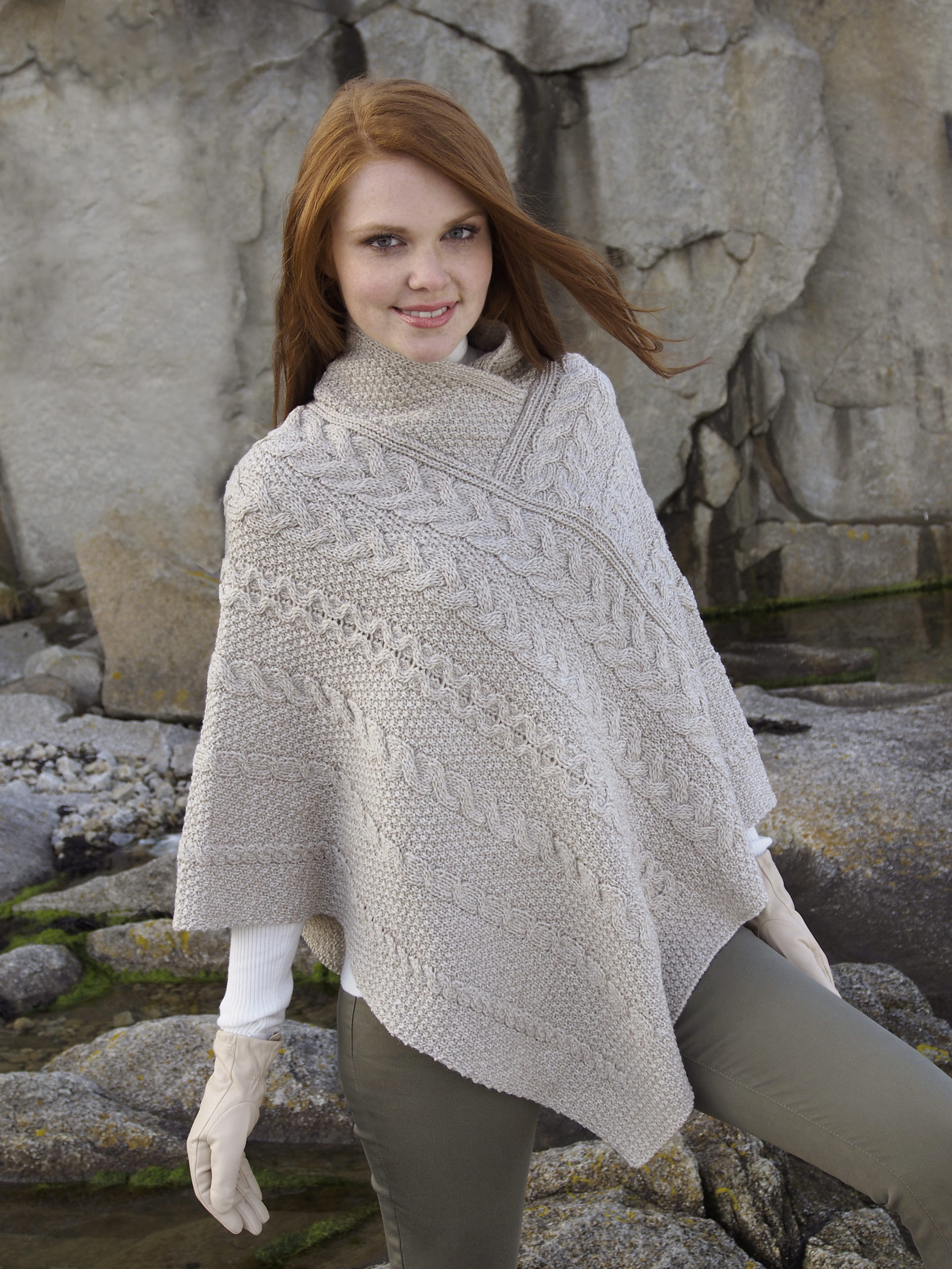 Aran Knit Poncho in Parsnip
