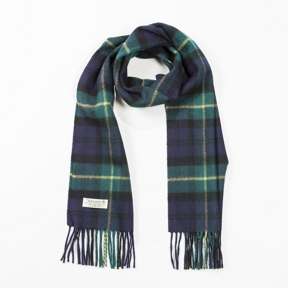 Lambswool Scarf in Navy, Green and Yellow Tartan