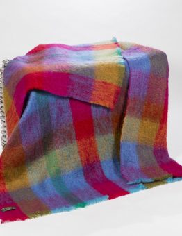 Mohair Throw Bright Pink Mustard Purple & Aqua Block Check