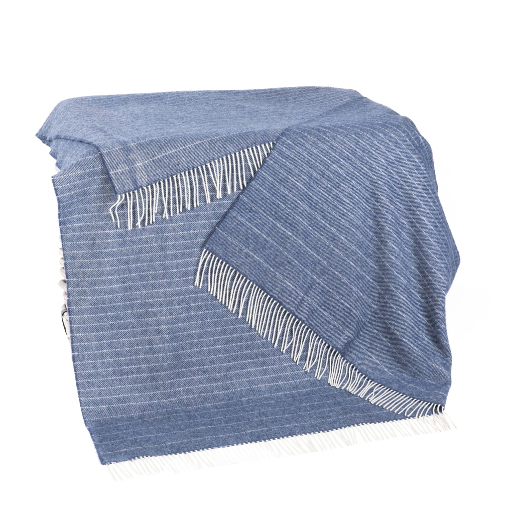 Merino Lambswool Blanket Denim White Stripe
