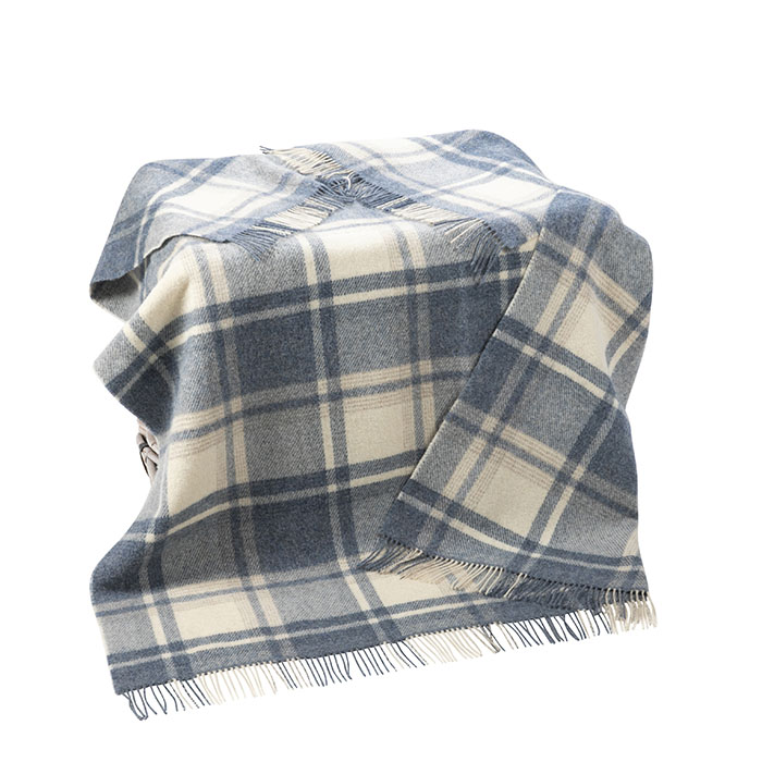 large Wool Throw Natural Denim Blue Mix Plaid